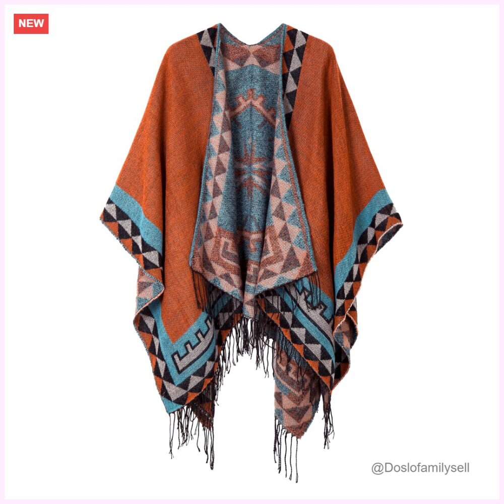 Reversible Tassel Poncho Wrap, Free Size, Soft Thick Fabric, Cozy Cardigan